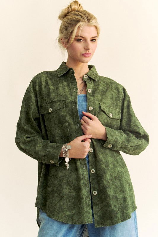 Davi & Dani Curved Hem Diamond Quilted Button Up Denim Shacket In Green us.meeeshop - Coats & Jackets