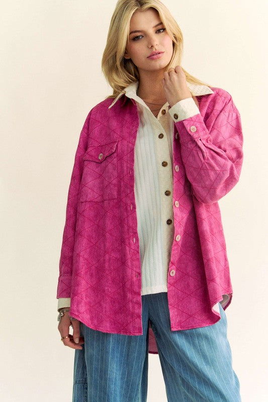 Davi & Dani Curved Hem Diamond Quilted Button Up Denim Shacket In Pink us.meeeshop - Coats & Jackets