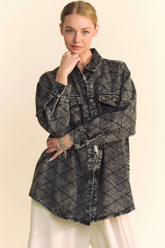 Davi & Dani Curved Hem Diamond Quilted Button Up Denim Shacket us.meeeshop - Coats & Jackets