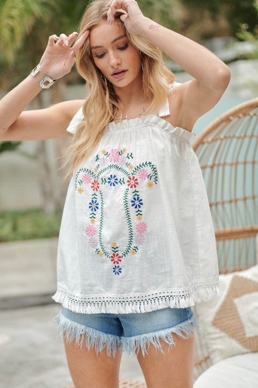 Davi & Dani | Embroidered Sleeveless Ruffle Tank Top us.meeeshop - Shirts & Tops