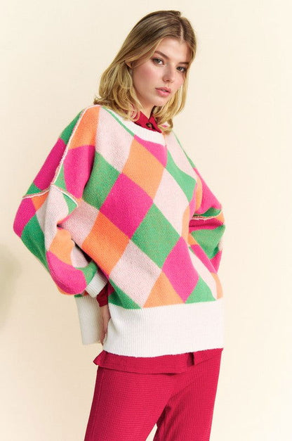 Davi & Dani Exposed Seam Color Block Dropped Shoulder Sweater us.meeeshop - 