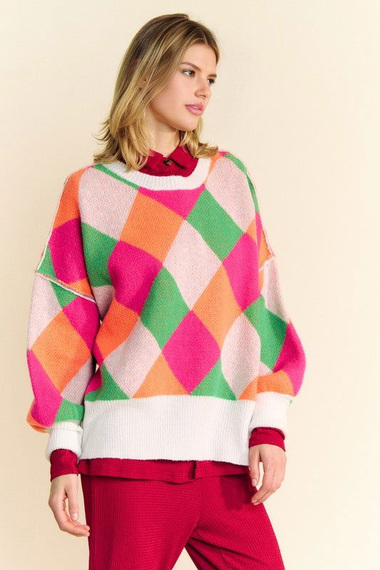 Davi & Dani Exposed Seam Color Block Dropped Shoulder Sweater us.meeeshop - Shirts & Tops