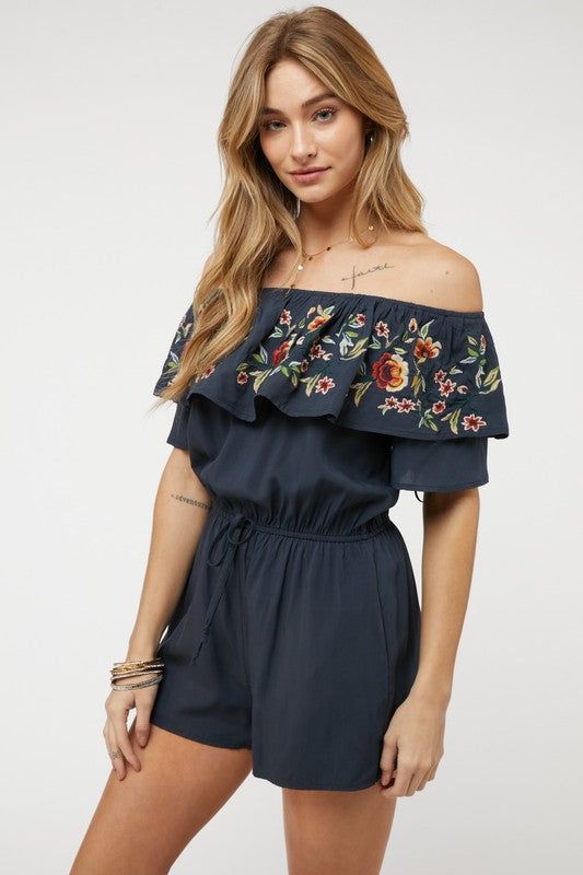 Davi & Dani | Floral Embroidered Off Shoulder Romper us.meeeshop - Jumpsuits & Rompers