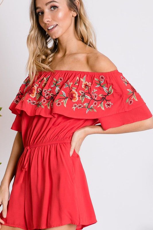 Davi & Dani | Floral Embroidered Off Shoulder Romper us.meeeshop - 