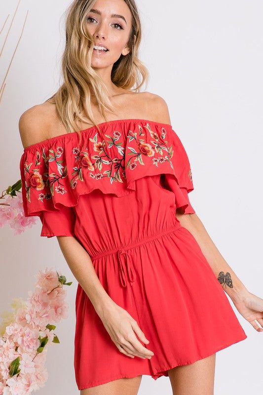 Davi & Dani | Floral Embroidered Off Shoulder Romper us.meeeshop - 