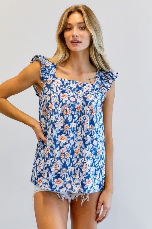 Davi & Dani | Floral Printed Ruffle Sleeveless Top us.meeeshop - 