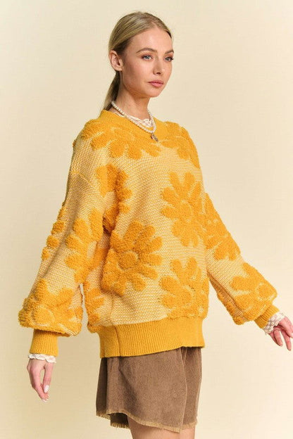 Davi & Dani Flower Texture Round Neck Dropped Shoulder Sweater us.meeeshop - 