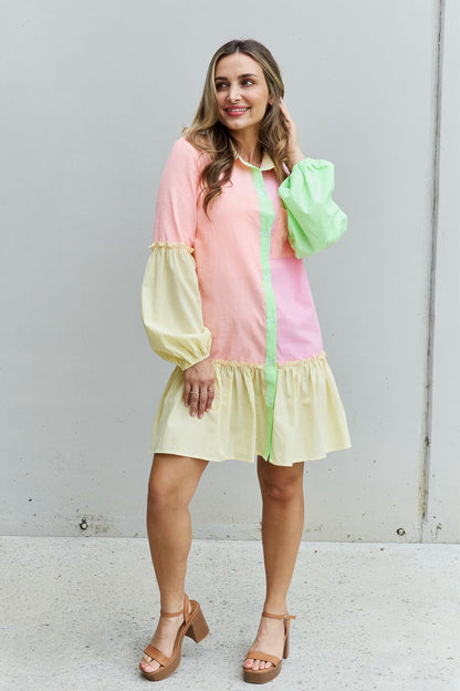 Davi & Dani Flying Colors Full Size Colorblock Long Sleeve Shirt Dress | us.meeeshop