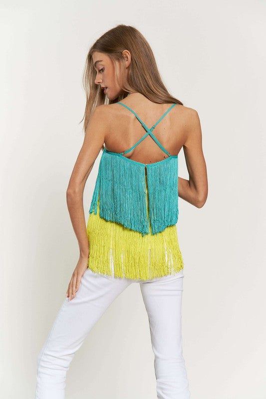 Davi & Dani Fringe Overlay Cross Straps Party Cami Top us.meeeshop - 