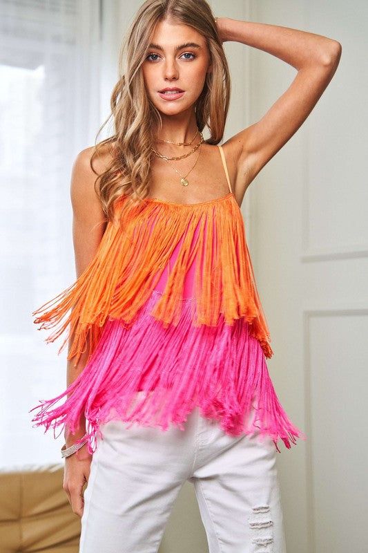 Davi & Dani Fringe Overlay Cross Straps Party Cami Top us.meeeshop - 