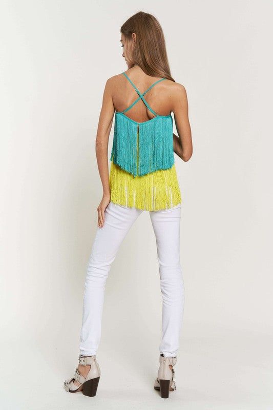 Davi & Dani Fringe Overlay Cross Straps Party Cami Top us.meeeshop - 