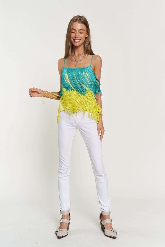 Davi & Dani Fringe Overlay Cross Straps Party Cami Top us.meeeshop - 