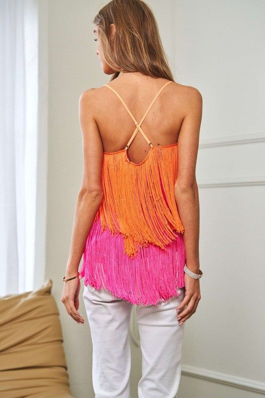 Davi & Dani Fringe Overlay Cross Straps Party Cami Top us.meeeshop - 