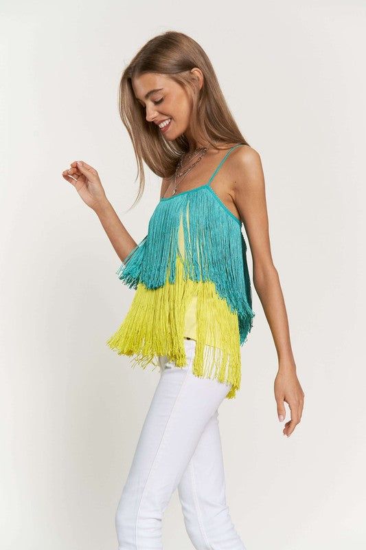 Davi & Dani Fringe Overlay Cross Straps Party Cami Top us.meeeshop - 