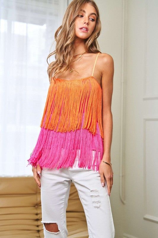 Davi & Dani Fringe Overlay Cross Straps Party Cami Top us.meeeshop - 