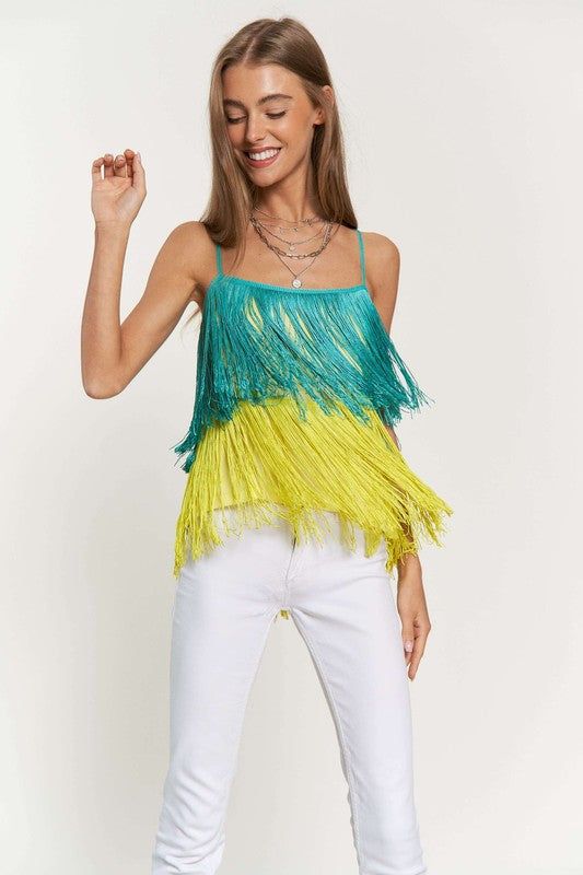 Davi & Dani Fringe Overlay Cross Straps Party Cami Top us.meeeshop - Shirts & Tops