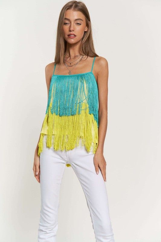 Davi & Dani Fringe Overlay Cross Straps Party Cami Top us.meeeshop - 