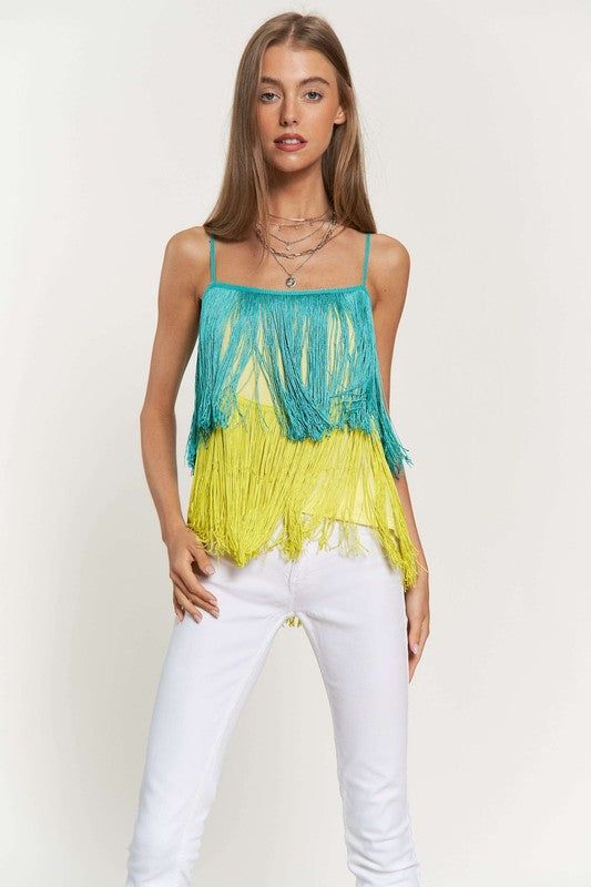 Davi & Dani Fringe Overlay Cross Straps Party Cami Top us.meeeshop - 