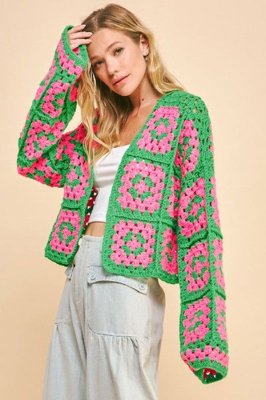 Davi & Dani Full Size Two Tone Flower Square Crochet Open Front Cardigan us.meeeshop - Shirts & Tops