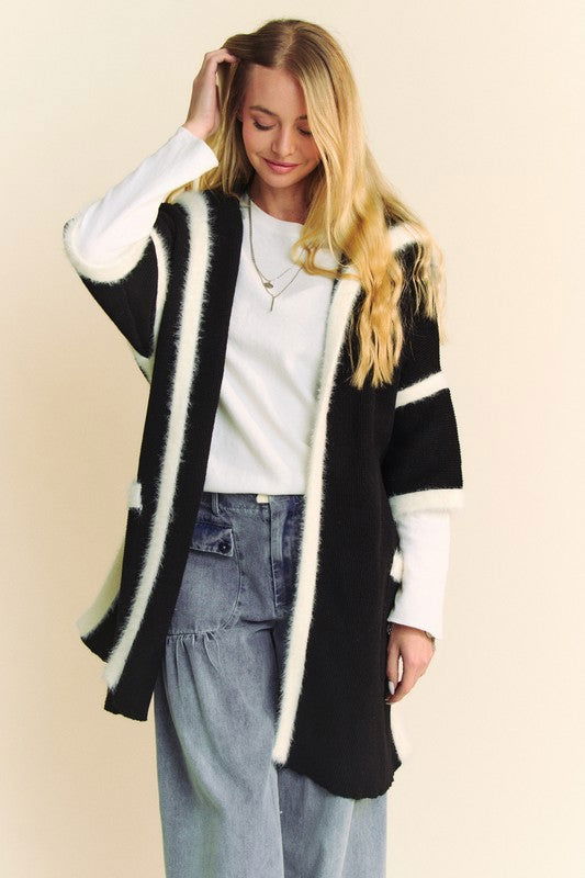 Davi & Dani Fuzzy Trim Open Front Loose Fit Cardigan us.meeeshop - Shirts & Tops