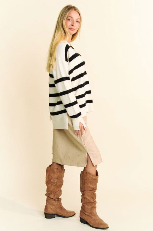 Davi & Dani High-Low Side Slit Striped Johnny Collar Sweater us.meeeshop - 