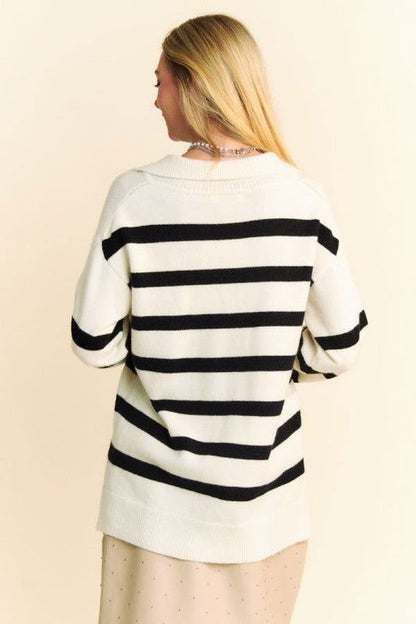 Davi & Dani High-Low Side Slit Striped Johnny Collar Sweater us.meeeshop - 