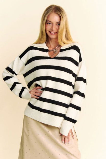 Davi & Dani High-Low Side Slit Striped Johnny Collar Sweater us.meeeshop - 