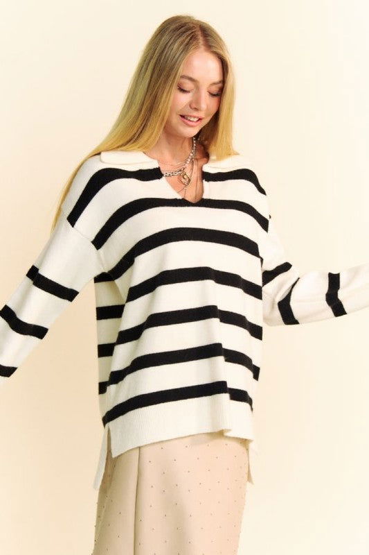 Davi & Dani High-Low Side Slit Striped Johnny Collar Sweater us.meeeshop - 