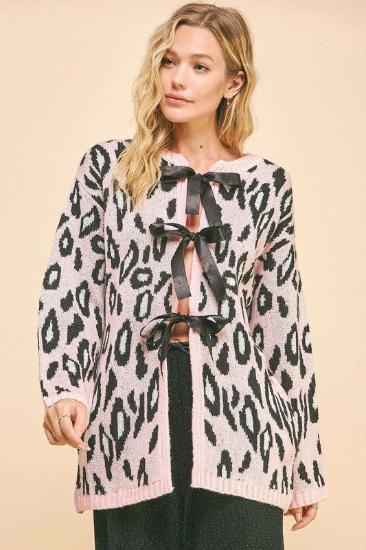 Davi & Dani Leopard Ribbon Tie Front Loose Fit Cardigan us.meeeshop - Shirts & Tops