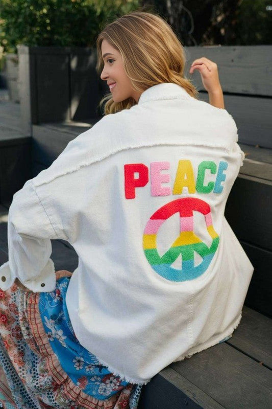 Davi & Dani | Multi Color Lettering Peace Symbol Button Up Shirt us.meeeshop - Shirts & Tops