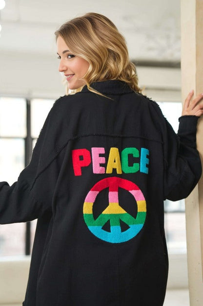 Davi & Dani | Multi Color Lettering Peace Symbol Button Up Shirt | us.meeeshop