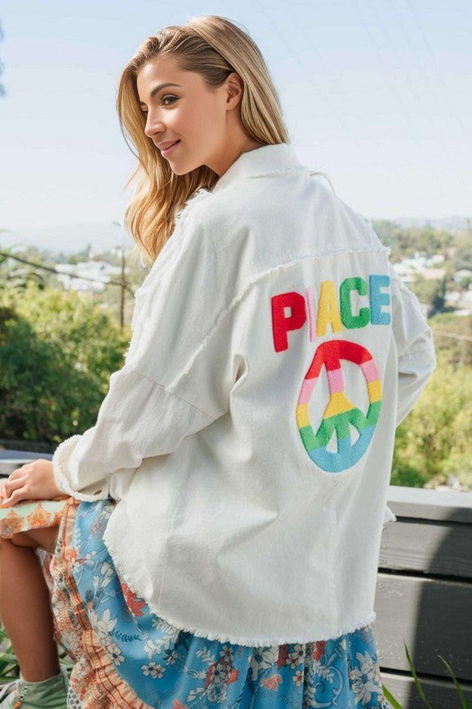 Davi & Dani | Multi Color Lettering Peace Symbol Button Up Shirt us.meeeshop - 