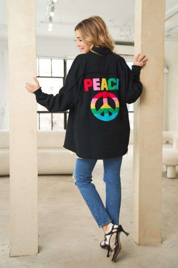 Davi & Dani | Multi Color Lettering Peace Symbol Button Up Shirt us.meeeshop - 