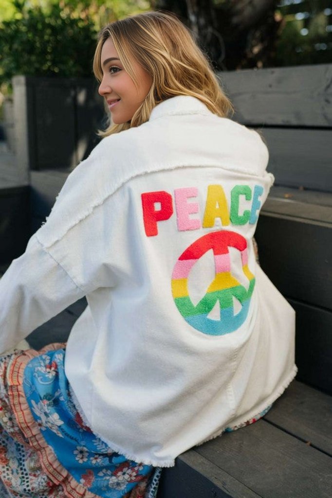Davi & Dani | Multi Color Lettering Peace Symbol Button Up Shirt | us.meeeshop
