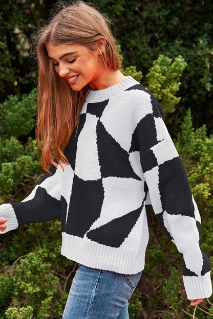 Davi & Dani Multi Geo Checker Pullover Knit Sweater Top us.meeeshop - 