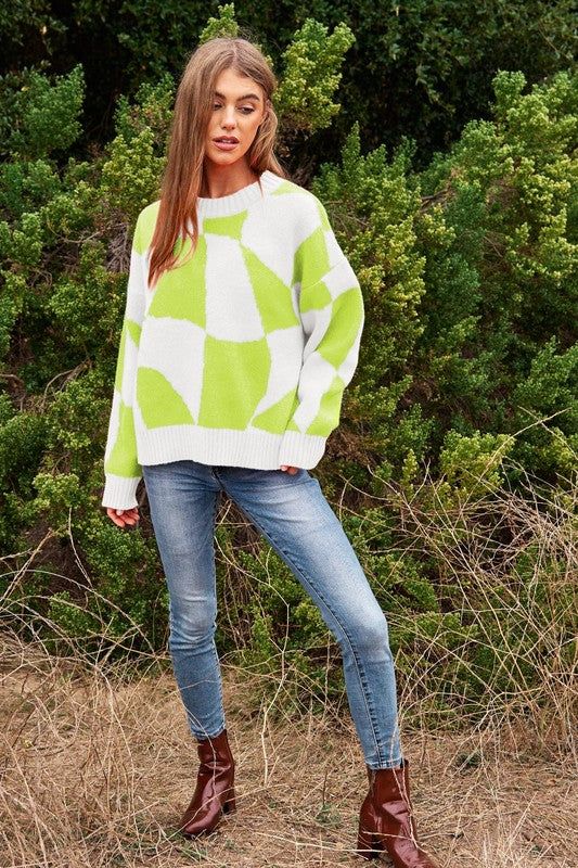 Davi & Dani Multi Geo Checker Pullover Knit Sweater Top us.meeeshop - 