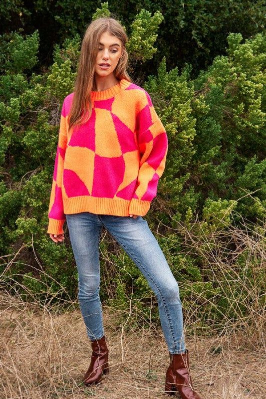 Davi & Dani Multi Geo Checker Pullover Knit Sweater Top us.meeeshop - 