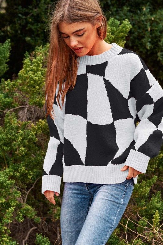 Davi & Dani Multi Geo Checker Pullover Knit Sweater Top us.meeeshop - Shirts & Tops