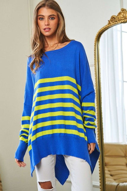 Davi & Dani Multi Striped Elbow Patch Loose Fit Sweater Top us.meeeshop - 