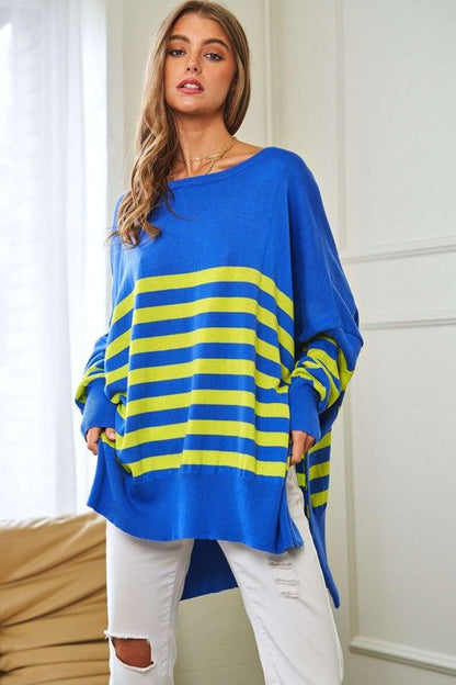 Davi & Dani Multi Striped Elbow Patch Loose Fit Sweater Top us.meeeshop - 