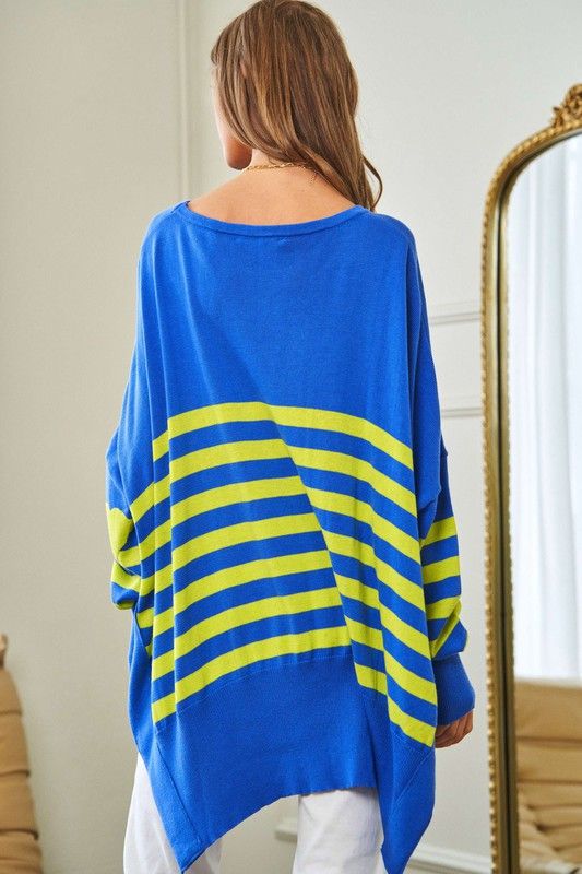 Davi & Dani Multi Striped Elbow Patch Loose Fit Sweater Top us.meeeshop - 