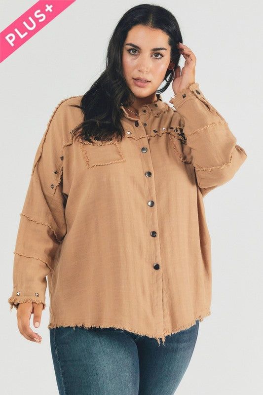 Davi & Dani | PLUS Distressed hem button down oversize shirt us.meeeshop - 