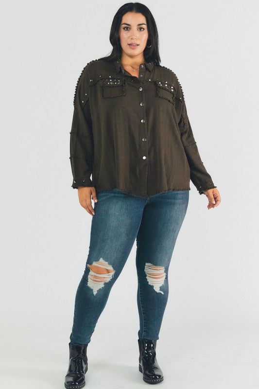 Davi & Dani | PLUS Distressed hem button down oversize shirt us.meeeshop - 