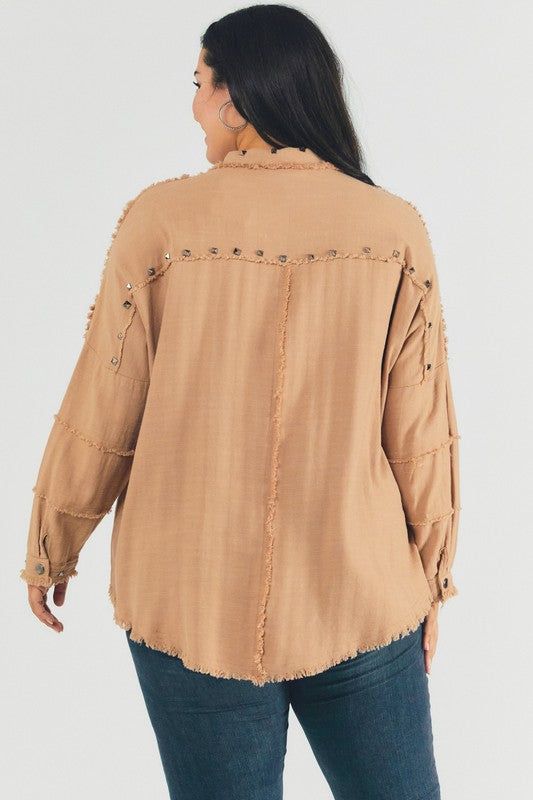 Davi & Dani | PLUS Distressed hem button down oversize shirt us.meeeshop - 