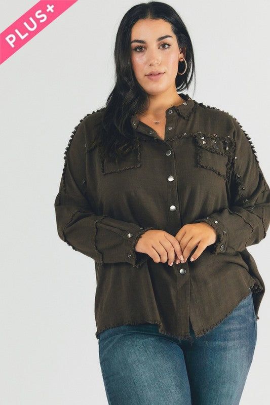 Davi & Dani | PLUS Distressed hem button down oversize shirt us.meeeshop - 