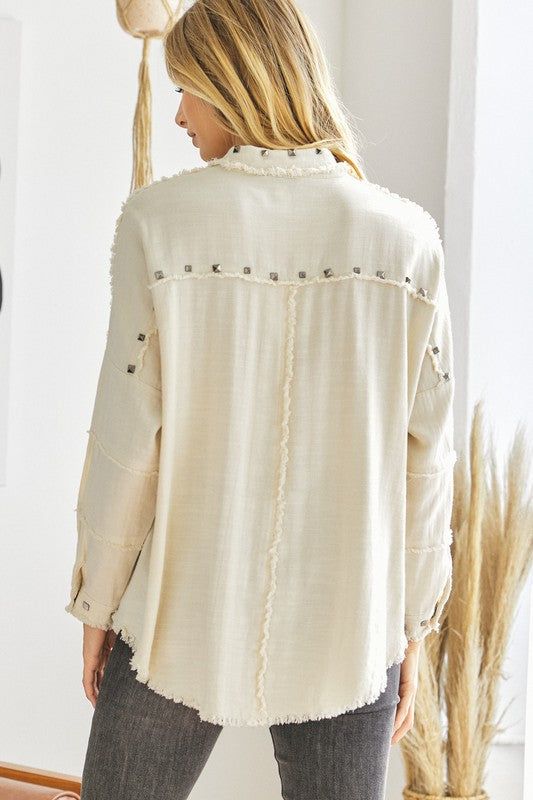 Davi & Dani | PLUS Distressed hem button down oversize shirt us.meeeshop - 