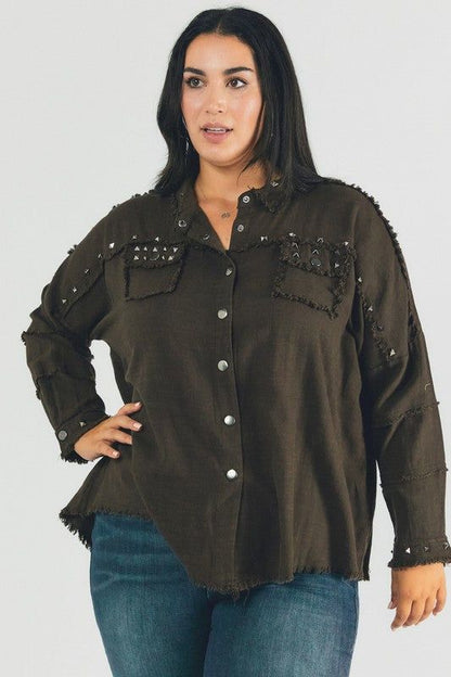 Davi & Dani | PLUS Distressed hem button down oversize shirt us.meeeshop - 