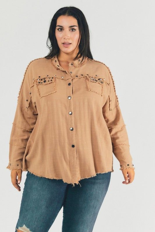 Davi & Dani | PLUS Distressed hem button down oversize shirt us.meeeshop - 