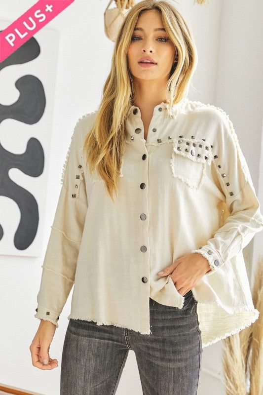 Davi & Dani | PLUS Distressed hem button down oversize shirt us.meeeshop - 