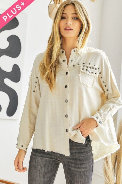 Davi & Dani | PLUS Distressed hem button down oversize shirt us.meeeshop - 